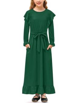 Mädchen Lässig Kleid mit Gürtel und Taschen A-Linie Ruffle Langarm Maxikleid Grün 150 von BesserBay