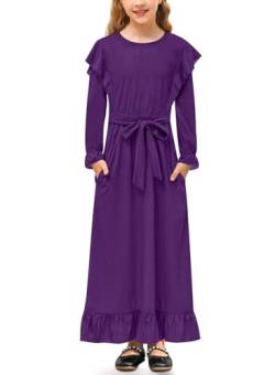 Mädchen Lässig Kleid mit Gürtel und Taschen Ruffle Langarm A-Linie Maxikleid Violett 150 von BesserBay