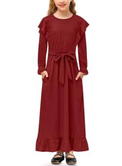 Mädchen Süß Kleid A-Linie Ruffle Langarm Freizeitkleid mit Gürtel und Taschen Rot 160 von BesserBay