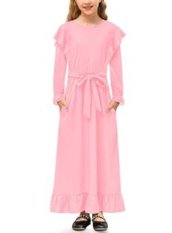 Mädchen Winter Kleid mit Gürtel und Taschen A-Linie Ruffle Langarm Maxikleid Rosa 120 von BesserBay