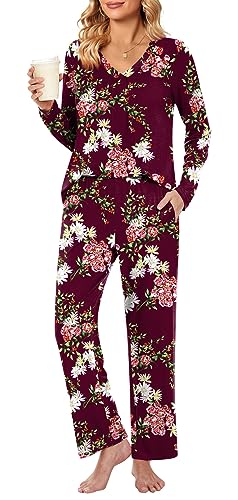 Bestbee Damen Plus Größe 2 Stück V Hals Pyjamas Casual Herbst & Winter Lange Ärmel Lange Hosen mit Taschen Pjs Sets Plus Größe, XL, Blumiger Wein von Bestbee