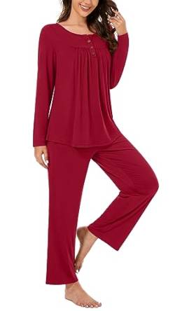 Bestbee Damen Pyjama Set, 2 Stück Lounge Outfits Y2K Schlaf Set Herbst Langarm Lange Hose mit Taschen Frauen Pjs Set, Rot, L von Bestbee