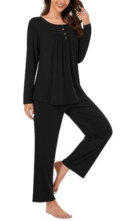 Bestbee Damen Pyjama Set, 2 Stück Lounge Outfits Y2K Schlaf Set Herbst Langarm Lange Hose mit Taschen Frauen Pjs Set, Schwarz, L von Bestbee