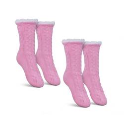 Bestlivings Haussocken Damen mit Teddyfutter - Hüttensocken mit Anti-Rutsch-Sohle - ABS Norweger Socken Zopfmuster - Kuschelsocken Einheitsgröße Stopper (Rosa (2 Paar)) von Bestlivings