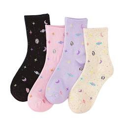 Bestmaple 4 Stück Damen Socken Planet Weltraum Cartoon Baumwolle Tube Socken Harajuku Kreative Mond Sterne Lustige Socken Damen Socken Frauen Mädchen Socken von Bestmaple