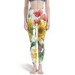 Bestwe Sonnenblume Mohnblumen Damen Yoga Hose Sporthose Lange Hohe Taille Blinkdicht Yoga Leggings Fitnesshose Laufhose Freizeithose Gym Workout Leggings White X-Large von Bestwe