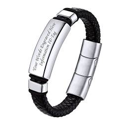 Bestyle Armband Herren mit Gravur Premium Lederarmband 21cm Armbänder mit Magnetverschluss geflochten Echtleder Armkette Armschmuck Accessoire, Silber von Bestyle