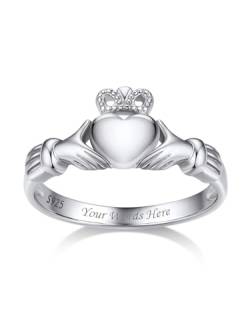 Bestyle Claddagh Ring Irischer Herz Fingerring mit Namen Text Gravur Freundschaftsring Verlorbungsring Ehering für Frauen, S925, Weißgold, Ringgröße 62 von Bestyle