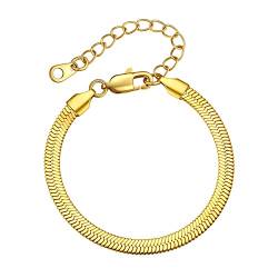 Bestyle Damen Flaches Schlangenarmband aus Edelstahl Handkette 5mm Breite Freundschaftsarmbänder Gliederarmband Verstellbare 16+5cm Gold von Bestyle