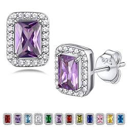 Bestyle Eckige Ohrringe Silber 925 Lila Diamond Treats Strahlenkranz Ohrstecker Halo Classic Stud Earrings Birthstone Edelstein Schmuck für Damen Mädchen von Bestyle