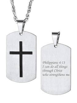 Bestyle Halskette Dog Tag für Männer Jungen Kreuz und Vers von Josua 1:9b/Inspirierende Wörter Edelstahl Gravur religiöser Modeschmuck Personalisiertes Geschenk Silber von Bestyle