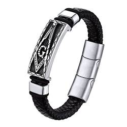 Bestyle Lederarmband Männer Edelstahl Freimaurerei Armbänder mit Magnet Verschluss für Herren Echtlederarmband geflochten Armkette Armbänder, 21cm, Silber von Bestyle