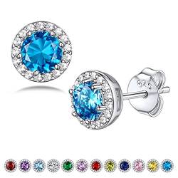 Bestyle Ohrringe Silber 925 Blauer Stein Treats Strahlenkranz Ohrstecker Halo Classic Stud Earrings Birthstone Edelstein Schmuck für Damen Mädchen von Bestyle