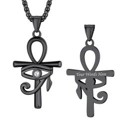 Bestyle Personalisierte Halskette Horus Eye Hanger Ägyptisches Kreuz Zirkon Schmuck Herren Edelstahlkette mit Gravur 56 CM Schwarz von Bestyle