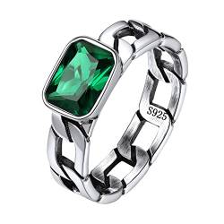 Bestyle Smaragd Ring Verlobungsring Silber 925 grüne Stein Eheringe Damen Panzerkette Fingerring Cuban Kette Design Ringgröße 57 von Bestyle