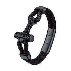 Bestyle Wikinger Armband Heren Echtleder Armbänder mit Thors Hammer geflochten Lederarmband mit Magnet Verschluss Schwarz Armkette 21cm von Bestyle