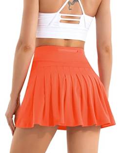 Damen Plissierte Tennisrock mit Hose Sommerrock Minirock Sportrock Golfrock Tennis Golf Rock Sport Workout Running kurz, Orange, XS von Betaven