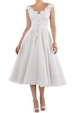 BetterGirl Damen Elegant Hochzeitskleider Teelänge Spitze Applikationen Brautkleider Brautjungfern Kleider(Weiß,38) von BetterGirl