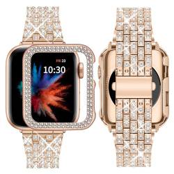 Beutirer Kompatibel mit Apple Watch ArmBand 45mm + Hülle, Damenschmuck Bling Diamant Strass Ersatz Metallarmband PC Schutzhülle für iWatch Band Serie 9/8/7 (45mm Roségold) von Beutirer