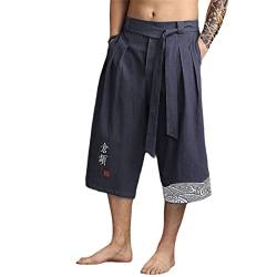 Japanische Kimono-Traditionelle Hose für Herren, asiatische Kleidung, Badehose, lässig, locker, männlich, Japan-Stil, Leinen, kurze Hose, Blau, XL, Gewicht 65–75 kg von Bewellan