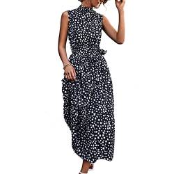 Bewinner Kleid mit Punktdruck, GüRtel, äRmelloser Stehkragen, Midi-LäNge, Hohe Taille, Damen-Sommerkleid, Mini-Blumenkleid mit GüRtel XL von Bewinner