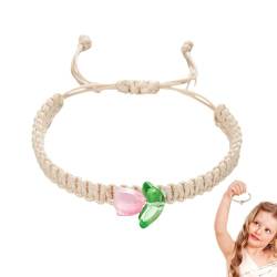 Bexdug Geflochtene Armbänder mit Tulpenblume, Armband, Handgefertigtes, gewebtes, geflochtenes Seilarmband, Verstellbares Bohemian-Armband mit Perlen für Teenager-Mädchen von Bexdug