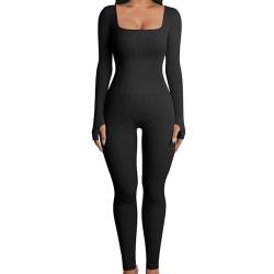 Langarm-Sportoverall,Langarm-Trainingsoverall,Langärmliger Leggings mit quadratischem Ausschnitt und ganzer Länge, figurbetonter Stretch-Overall | Ganzkörper-Bodys für Damen, Langarm-Body Bexdug von Bexdug