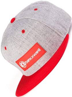 Bexxwell Snapback Cap grau meliert/rot mit Gummi-Patch (optimale Passform, Kappe, Grey, Gray, red, Gumpatch, Unisex) von Bexxwell