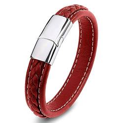 Beydodo Lederarmband Partner Rot 20CM, Lederarmband Magnetverschluss Herren Geflochten Freundschaftsarmband Armband Herren Charms von Beydodo