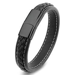 Beydodo Lederarmband Schwarz Herren Magnetverschluss, Armband Charms Gothic Geflochten Partnerarmband Edelstahl Armband Leder 200MM von Beydodo