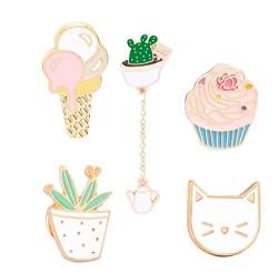 Beyond Brosche Anstecknadel Anstecker Pins Metall 5 Stück Set Kaktus Katze Eiscreme Cupcake von Beyond