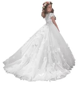 Beyonddress 3D Floral Schmetterling Blumenmädchen Kleider für Hochzeit Ballkleid Spitze Applikationen Tüll Party Festtagskleid(Weiß,8 Jahre) von Beyonddress