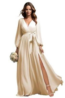 Beyonddress Chiffon Abendkleider Lang Brautjungfer Kleider für Hochzeit Mit Lange Ärmel V-Ausschnitt Formelle Party Kleid mit Schlitz(Champagne,40) von Beyonddress