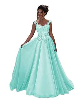 Beyonddress Damen Abendkleider Lang Hochzeit Spitze Prinzessin Ärmellos Brautkleid Ballkleider(Blau,44) von Beyonddress