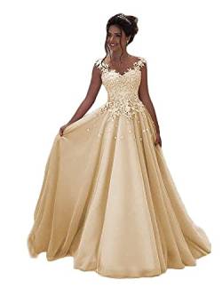 Beyonddress Damen Abendkleider Lang Hochzeit Spitze Prinzessin Ärmellos Brautkleid Ballkleider(Champagner,42) von Beyonddress