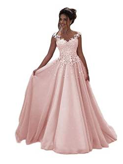 Beyonddress Damen Abendkleider Lang Hochzeit Spitze Prinzessin Ärmellos Brautkleid Ballkleider(Dusty Pink,48) von Beyonddress