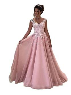 Beyonddress Damen Abendkleider Lang Hochzeit Spitze Prinzessin Ärmellos Brautkleid Ballkleider(Erröten,32) von Beyonddress