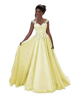 Beyonddress Damen Abendkleider Lang Hochzeit Spitze Prinzessin Ärmellos Brautkleid Ballkleider(Gelb,42) von Beyonddress