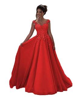 Beyonddress Damen Abendkleider Lang Hochzeit Spitze Prinzessin Ärmellos Brautkleid Ballkleider(Rot,52) von Beyonddress