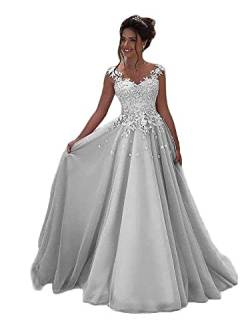 Beyonddress Damen Abendkleider Lang Hochzeit Spitze Prinzessin Ärmellos Brautkleid Ballkleider(Silber,50) von Beyonddress