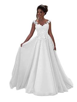 Beyonddress Damen Abendkleider Lang Hochzeit Spitze Prinzessin Ärmellos Brautkleid Ballkleider(Weiß,52) von Beyonddress