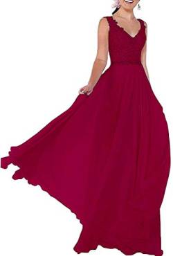 Beyonddress Damen Chiffon Abendkleider V-Ausschnitt Elegant Spitze Ballkleid Hochzeit Brautjungfernkleider Brautkleider(Weinrot,36) von Beyonddress