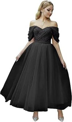 Beyonddress Damen Schulterfrei Abendkleider Mit Perlen Tea-Länge Tüll Ballkleider Elegant Formelle Kleider(Schwarz,44) von Beyonddress