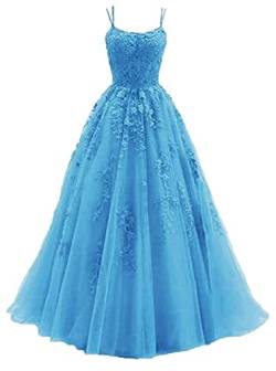 Beyonddress Damen Spitze Appliques Abendkleider Ballkleider Lange Spaghetti Strap Tüll Formales Kleid für Party(Blau,52) von Beyonddress