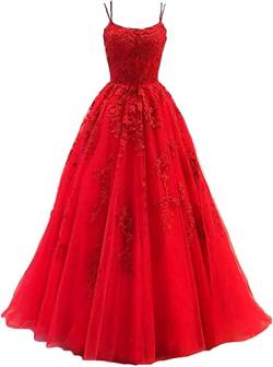 Beyonddress Damen Spitze Appliques Abendkleider Ballkleider Lange Spaghetti Strap Tüll Formales Kleid für Party(Rot,36) von Beyonddress