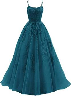 Beyonddress Damen Spitze Appliques Abendkleider Ballkleider Lange Spaghetti Strap Tüll Formales Kleid für Party(Teal,34) von Beyonddress