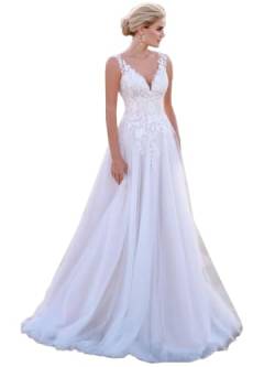 Beyonddress Damen Strand Chiffon Brautkleider Hochzeitskleid V-Ausschnitt Spitze Appliques Brautmode Brautkleider für Braut von Beyonddress