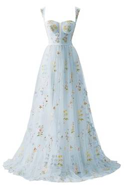 Beyonddress Damen Tüll Abendkleider mit Blumenstickerei Sweetheart Hals Formelle Party Ballkleider(A-Blau,50) von Beyonddress