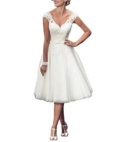 Beyonddress Frauen Blume Spitze Brautkleider Hochzeitskleider Kurz mit Ärmel Perlen Brautkleider Brautmode,Elfenbein 22,DE34 von Beyonddress