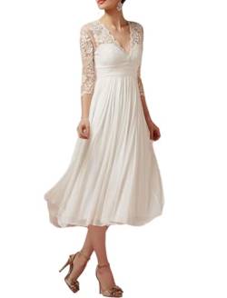 Beyonddress Frauen Chiffon Brautkleider für Braut Teelänge Hochzeitskleider mit Ärmel Strand Brautkleider Langarm BrautmodeElfenbein 07,DE34 von Beyonddress